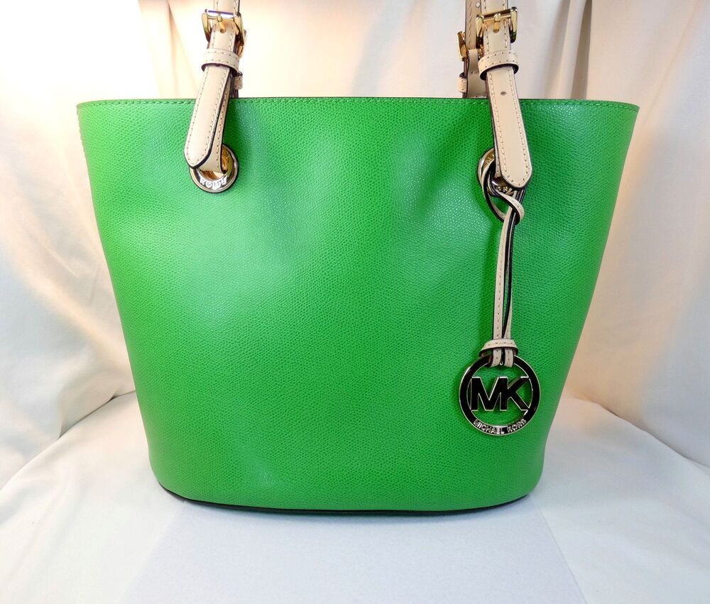 Michael Kors Bright Green Shoulder Tote Bag w/ Gold Medallion Excellent